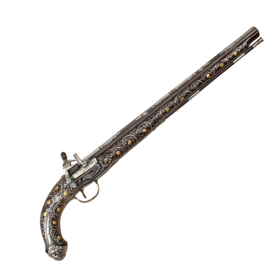 Original 18th Century Ottoman Empire Ornate Silver Mounted Miquelet Lock Long Holster Pistol with Silver and Gold Inlays - Circa 1780 Original Items
