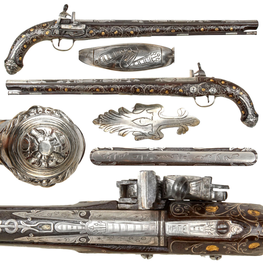 Original 18th Century Ottoman Empire Ornate Silver Mounted Miquelet Lock Long Holster Pistol with Silver and Gold Inlays - Circa 1780 Original Items