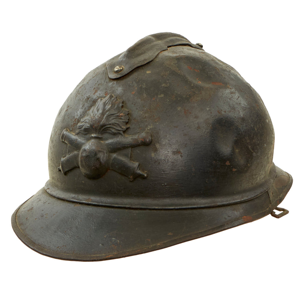 Original French WWI Field-Modified Model 1915 Adrian Helmet in Horizon Blue with Artillery RF Badge 1st Pattern Liner - German Chinstrap Mounts Bent & Attached to Bales Original Items