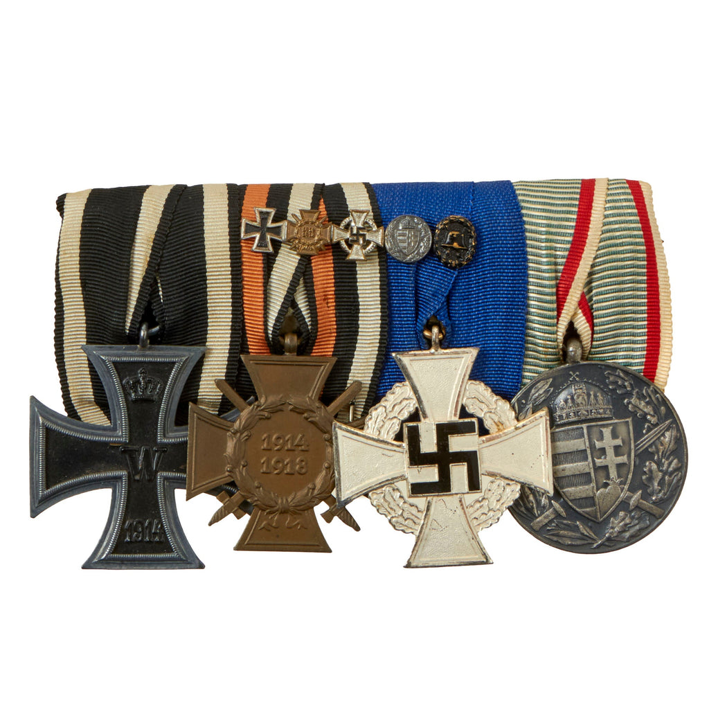 Original German WWI & WWII Era Medal Bar with Iron Cross & 25 Year Faithful Service Medal with Attached Mini-Medal Stickpin Featuring Wound Badge Original Items