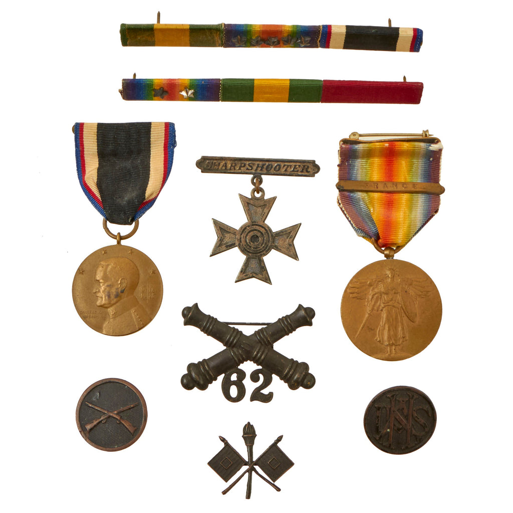 Original U.S. WWI Era Medal & Insignia Lot with Ribbon Bars & Collar Discs - 8 Items Total Original Items