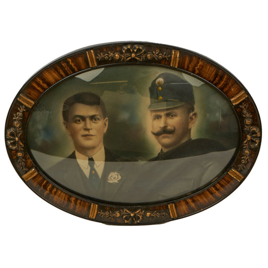 Original Austro-Hungarian WWI Studio Portrait of Soldier & Family Member in Bubble Frame with Possible Identification on Reverse - Paul Mankowski - 17 x 23” Original Items