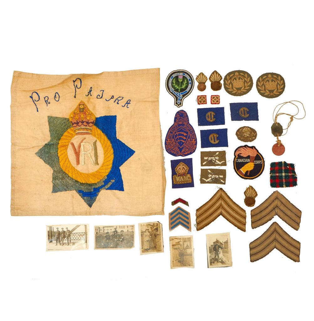 Original Canadian WWI Era Patch Collection with Dog Tag Set, Photos, & Large Embroidered Royal Canadian Regiment Insignia - 30 Items Total Original Items