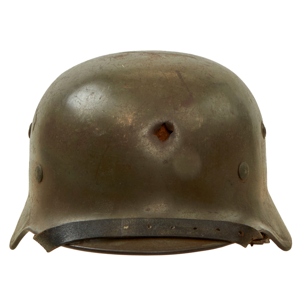 Original German WWII Heer Army M35 Former Double Decal KIA Bullet Damaged Helmet with Replaced 1942 Dated 58cm Liner & Chinstrap - Stamped Q66 Original Items