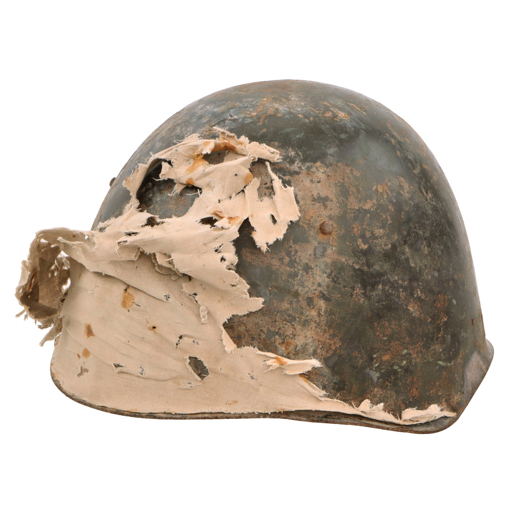 Original U.S. Operation Iraqi Freedom Iraqi-Used Wz50 Steel Helmet with Tattered Tan Helmet Cover Fragments