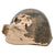 Original U.S. Operation Iraqi Freedom Iraqi-Used Wz50 Steel Helmet with Tattered Tan Helmet Cover Fragments