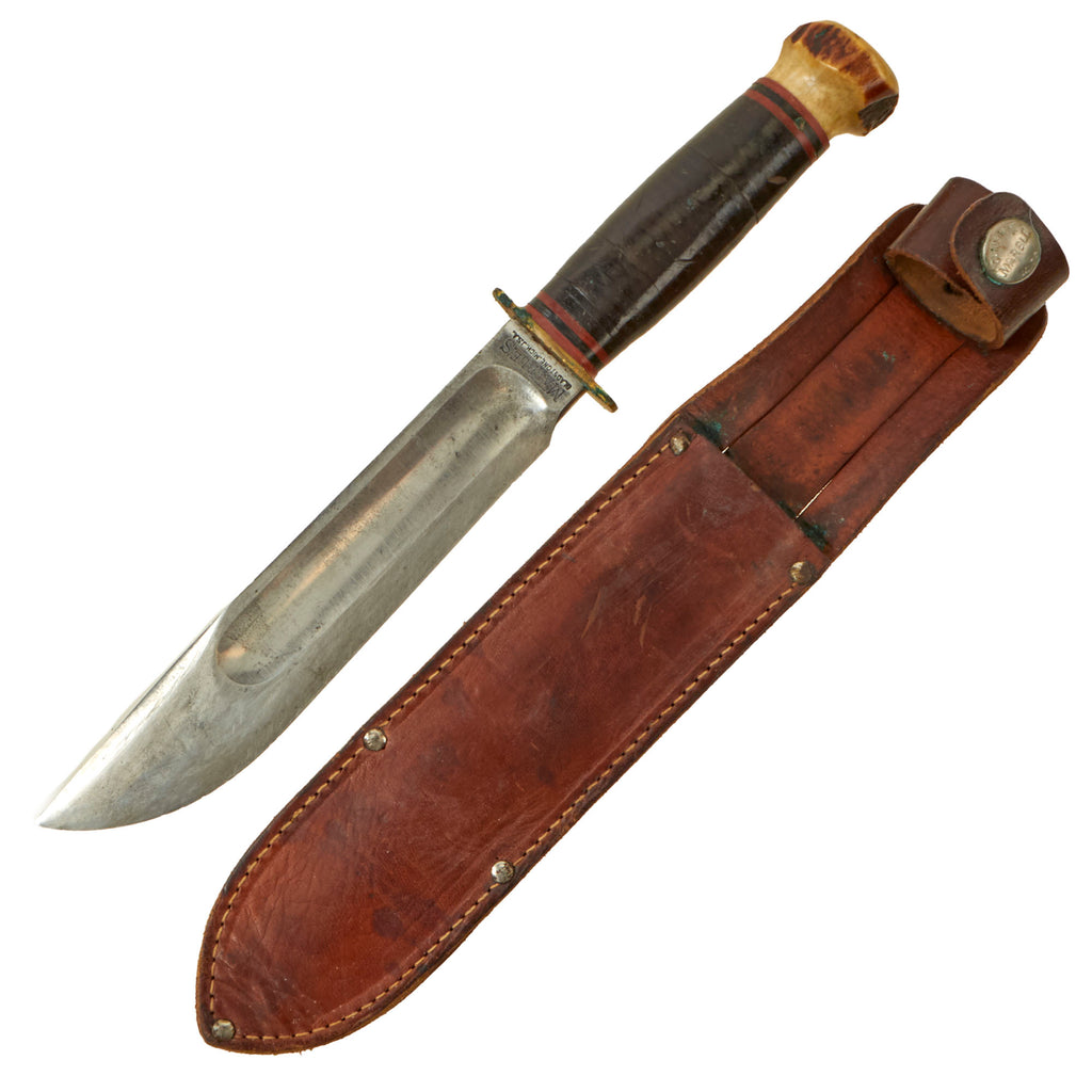 Original U.S. WWII Private Purchase Fighting Knife with Staghorn Pommel & Leather Belt Sheath by Marble Arms of Gladstone, Michigan Original Items