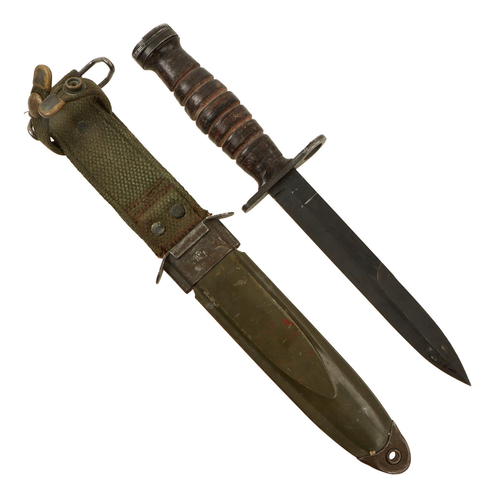 Original U.S. WWII M4 Bayonet by Camillus for the M1 Carbine with Vietnam War M8A1 Scabbard Original Items