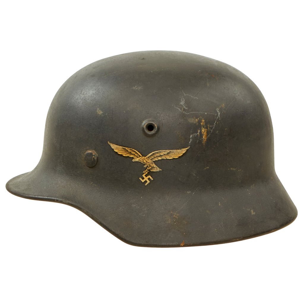 Original German WWII Single Decal Luftwaffe M40 Helmet with Liner & Partial Chinstrap - Stamped Q64 Original Items