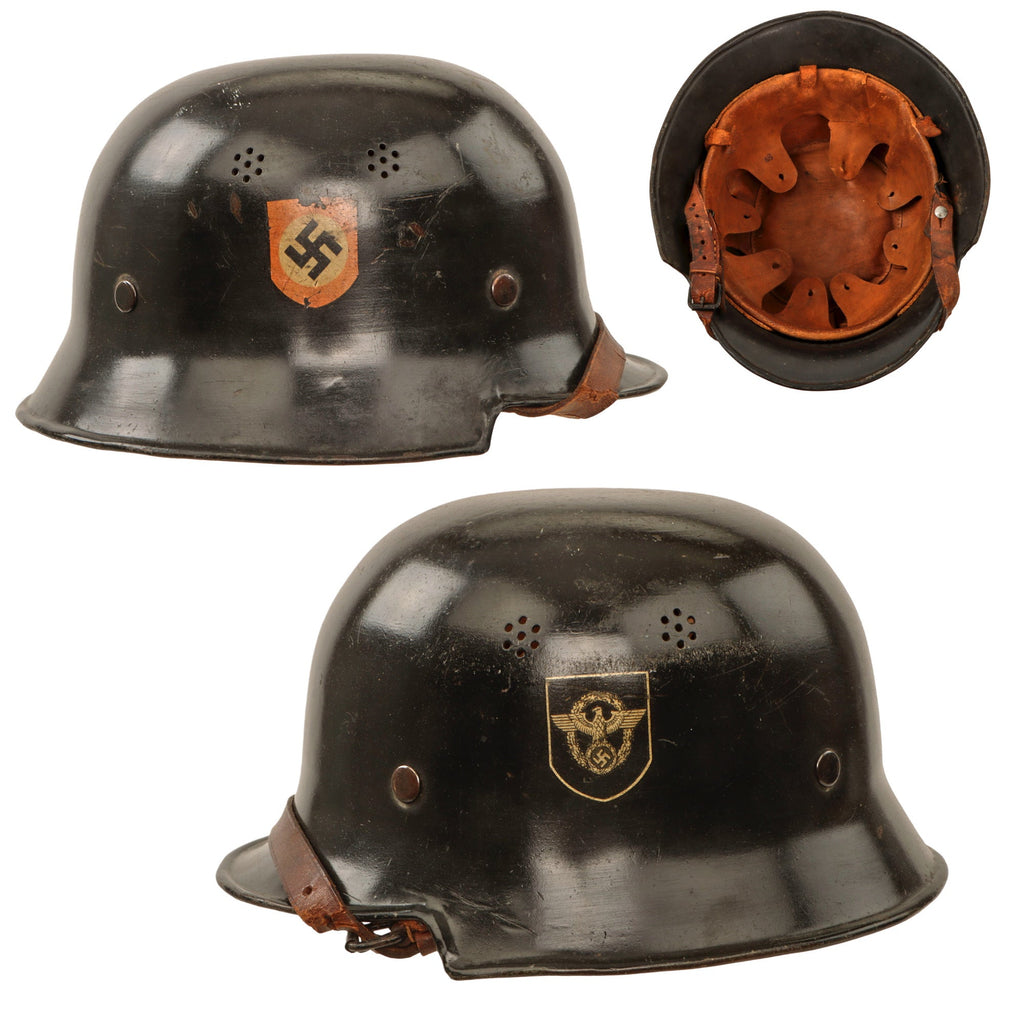 Original German WWII M34 Square Dip NSDAP Double Decal Civic Police Steel Helmet with 58cm Liner & Chinstrap - Ordnungspolizei Original Items