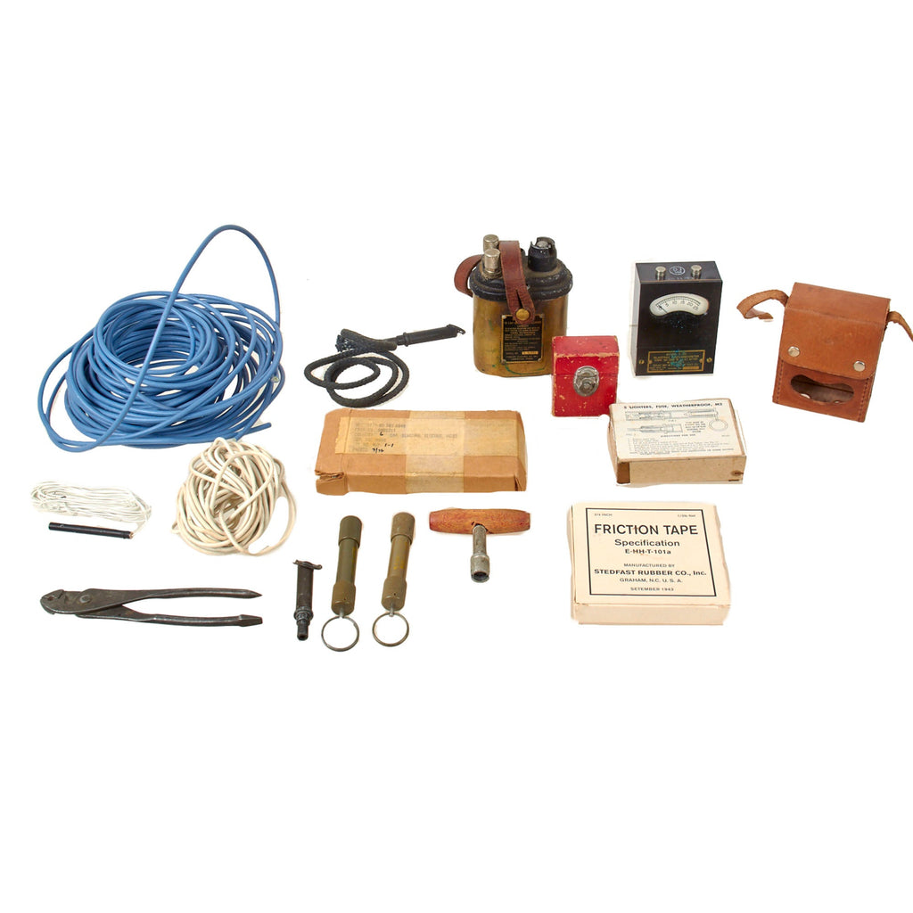 Original U.S. WWII Era Inert Engineering Demolition Group with Army 10 Cap Blasting Machine, Blasting Galvanometer, Blasting Caps and Friction Tape with Wires and M2 Weatherproof Lighter Fuses - Excellent Original Items