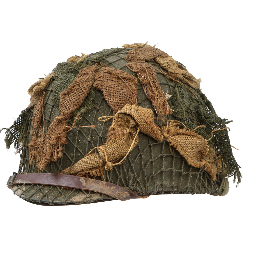 Original U.S. WWII / Korean War M1 Front Seam Swivel Bale Helmet with Westinghouse Liner & Helmet Net with Scrim - Partially Refurbished Original Items
