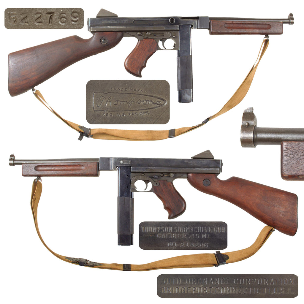 Original U.S. WWII Thompson M1 Display Submachine Gun Serial NO. 214286 with Original Kerr Sling and Magazine - Original WWII Parts Original Items