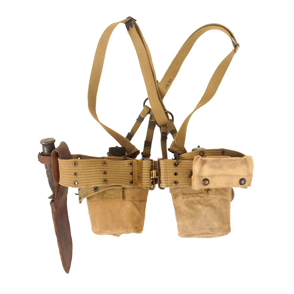 Original U.S. WWII USMC M1936 Belt Rig with Camillus USMC Ka-Bar Knife, Two Rabbit Ear Canteen Covers with Canteens, First Aid Pouch with Carlisle Bandage, and P-41 Suspenders Original Items