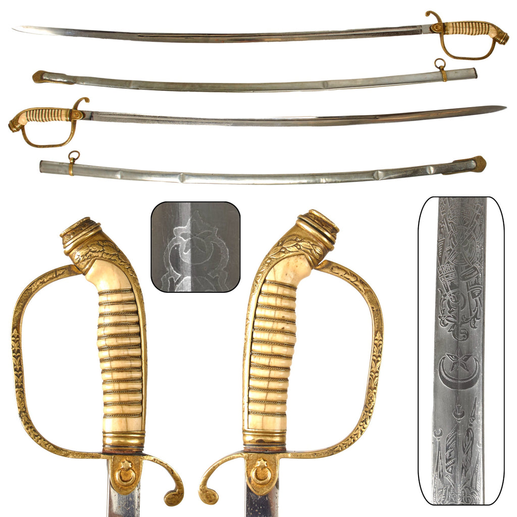 Original Ottoman Empire WWI German-Made M1889 Style Triple Etched Turkish Officers Sword by Julius Voos Fabrique of Solingen with Scabbard Original Items