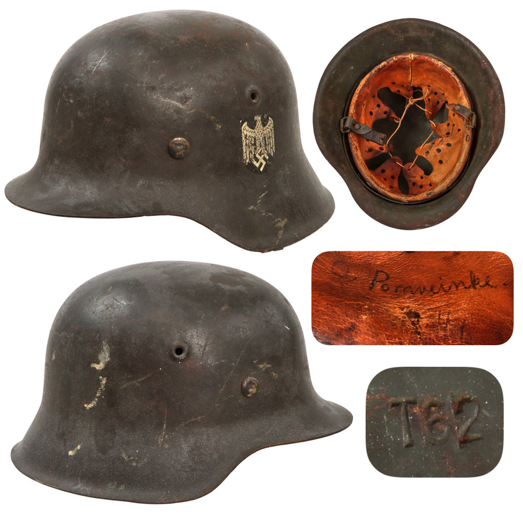 Original German WWII Heer Army Single Decal M42 Helmet with 1940 Dated 55cm Liner & Chinstrap Remnants - Stamped ET62 Original Items