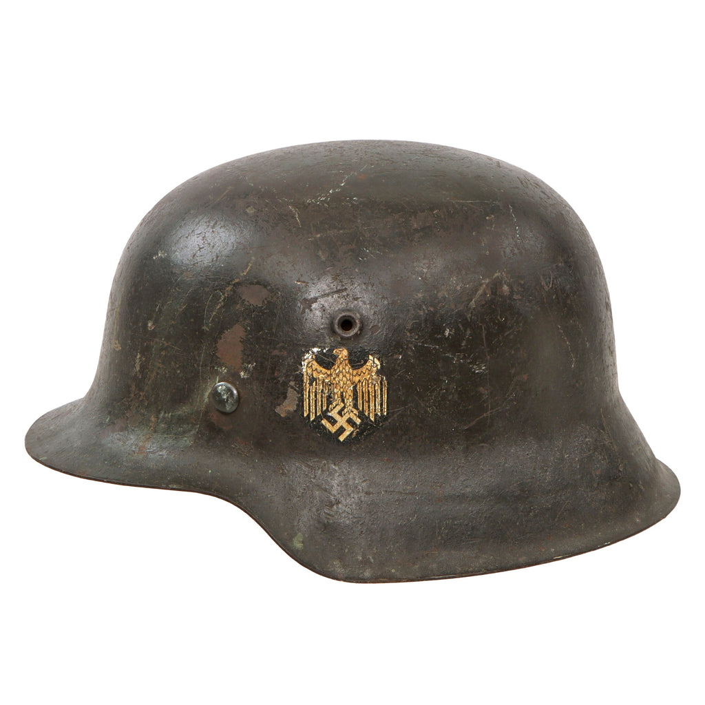 Original German WWII Heer Army Single Decal M42 Helmet with 1942 Dated 59cm Liner and Chinstrap - Stamped ET66 Original Items