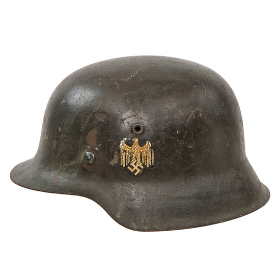 Original German WWII Heer Army Single Decal M42 Helmet with 1942 Dated 59cm Liner and Chinstrap - Stamped ET66 Original Items