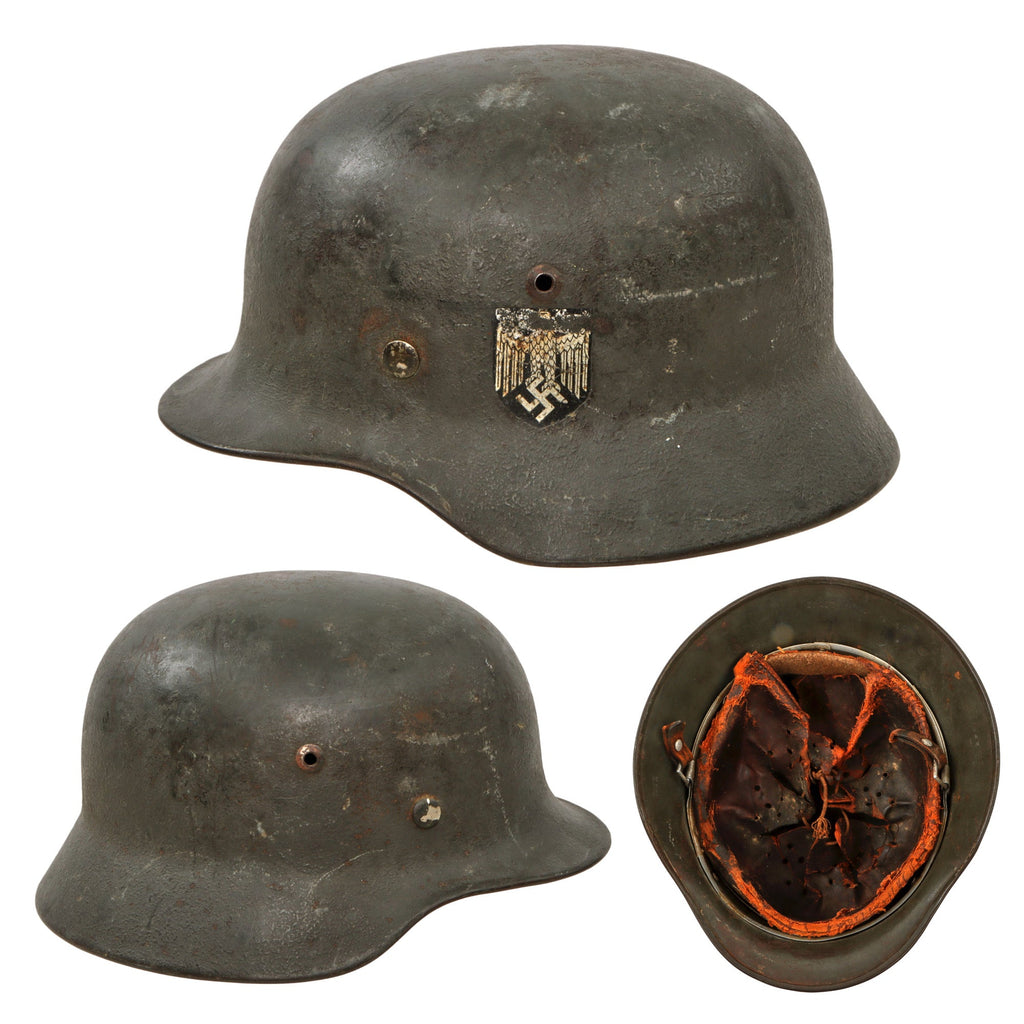 Original German WWII Army Heer M35 Former Double Decal Helmet with 1939 Dated Relic 56cm Liner - marked EF64 Original Items