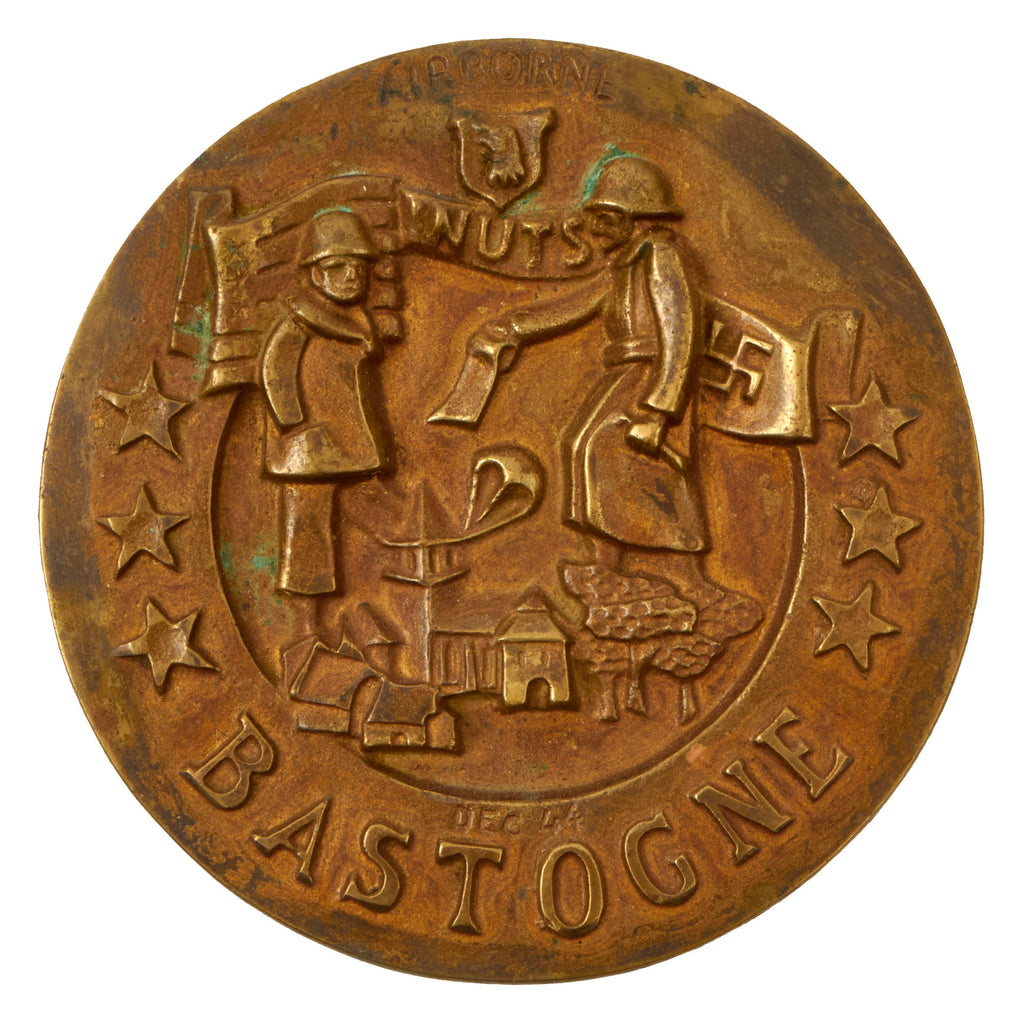 Original WWII U.S. 101st Airborne Battle of the Bulge Round Brass NUTS Plaque - BASTOGNE DEC 44 Original Items