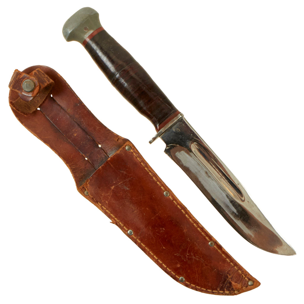 Original U.S. WWII PAL RH-36 MkII-Style Fighting Knife with Leather Belt Scabbard - Broken Securing Strap Original Items