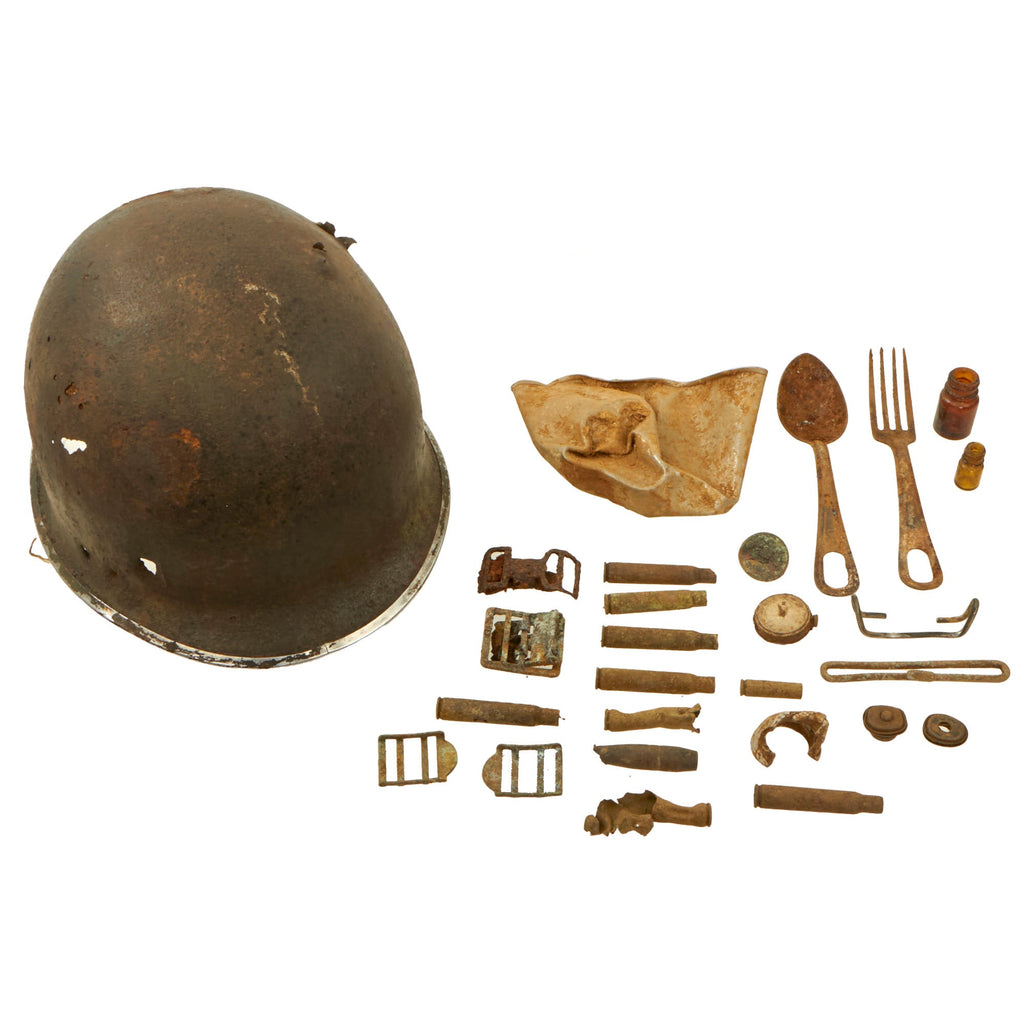 Original U.S. WWII Battle of the Bulge Battlefield Pickup Relic Lot: Battle-Damaged Fixed Bale Front Seam M1 Helmet Shell, Canteen Cup & Utensils - Inert Original Items