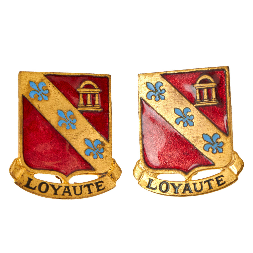 Original U.S. WWII 319th Airborne Field Artillery Regiment Enamel Distinctive Unit Insignia DUI by N.S. Meyer - Matched Set Original Items