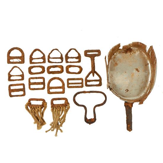 Original U.S. WWII Normandy-Recovered Airborne Relic Lot - 17 Parachute Hook Fragments & Mess Kit Bowl Original Items