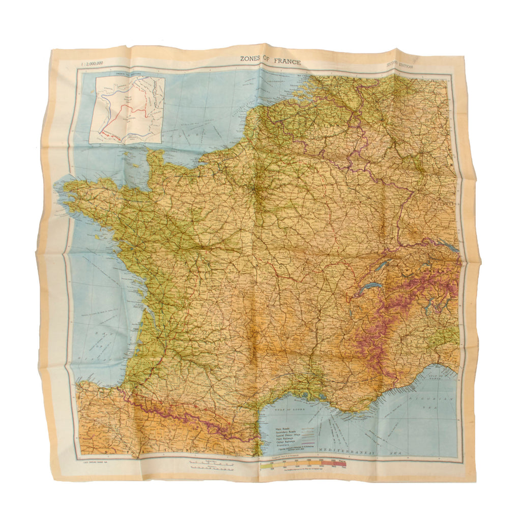 Original U.S. WWII Airborne "Zones of France" D-Day Silk Map with Miniature Compass - Dated March 1944 - WEA Western European Area - 22 ½” x 24”