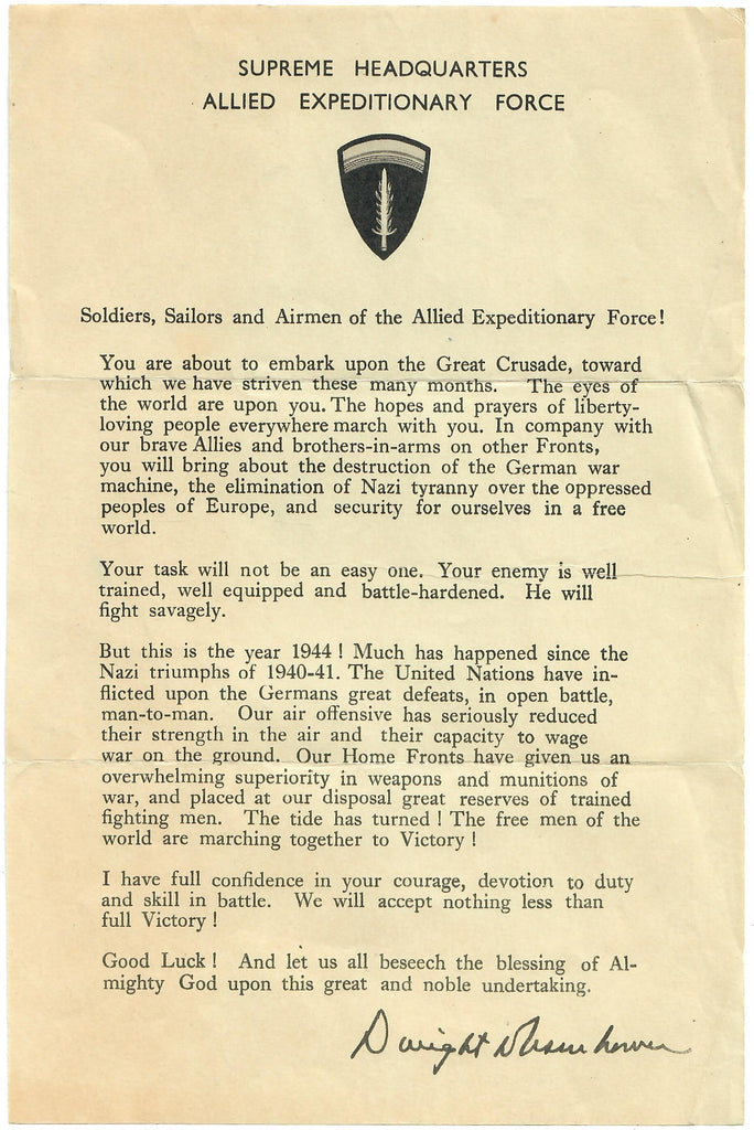 Original U.S. WWII SHAEF Eisenhower Letter Sent to the Troops Before D-Day Original Items