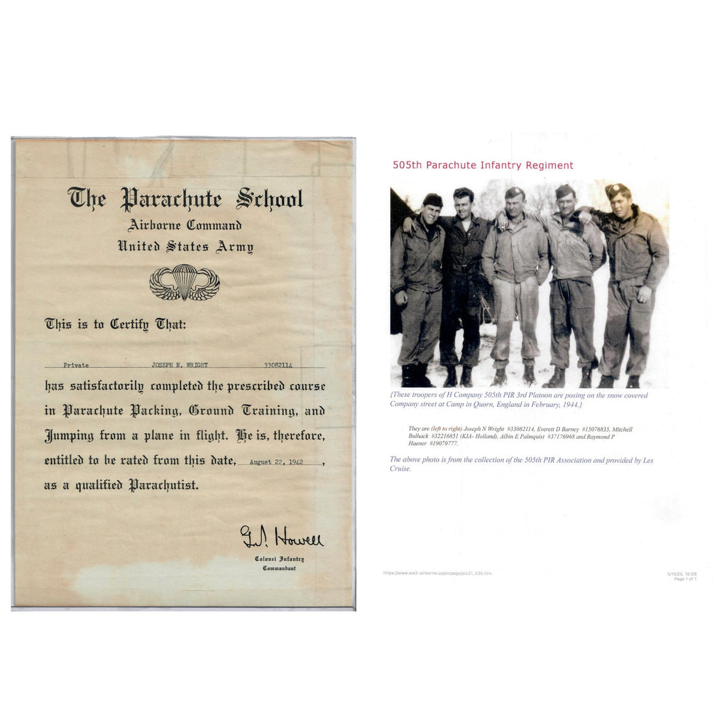 Original U.S. WWII 505th Parachute Infantry Regiment Named Parachute School Certificate with Copy of Photo - Joseph N. Wright Original Items