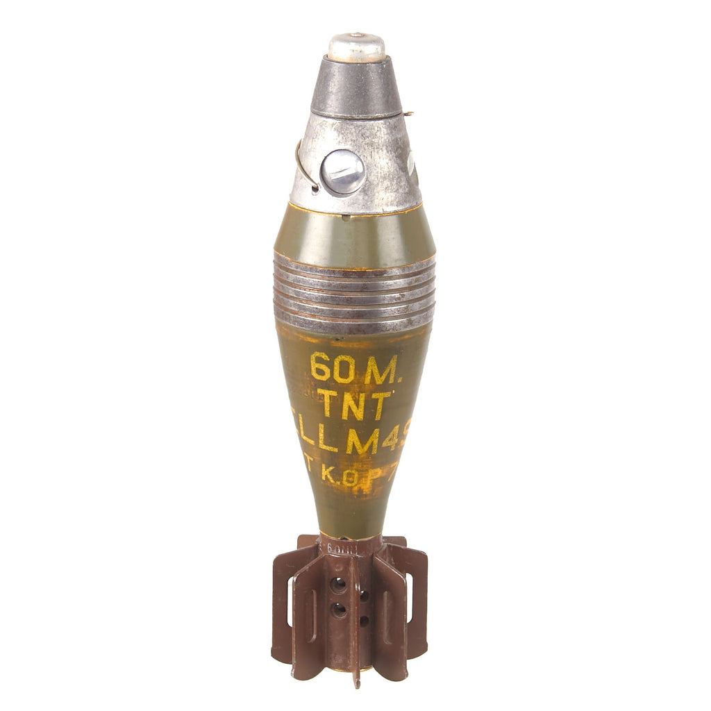 Original U.S. WWII 1941 Dated M49A2 60mm Deactivated Mortar Round with 1942 Dated Body & Original Paint in Husk Container - Inert Original Items
