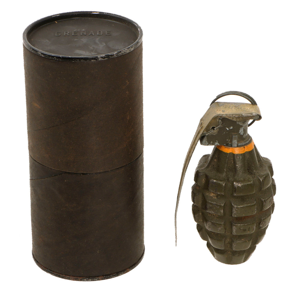 Original U.S. WWII Inert MkII Pineapple Grenade with Yellow Ring and M10A3 Converted M10A1 Fuze in Original Husk Original Items