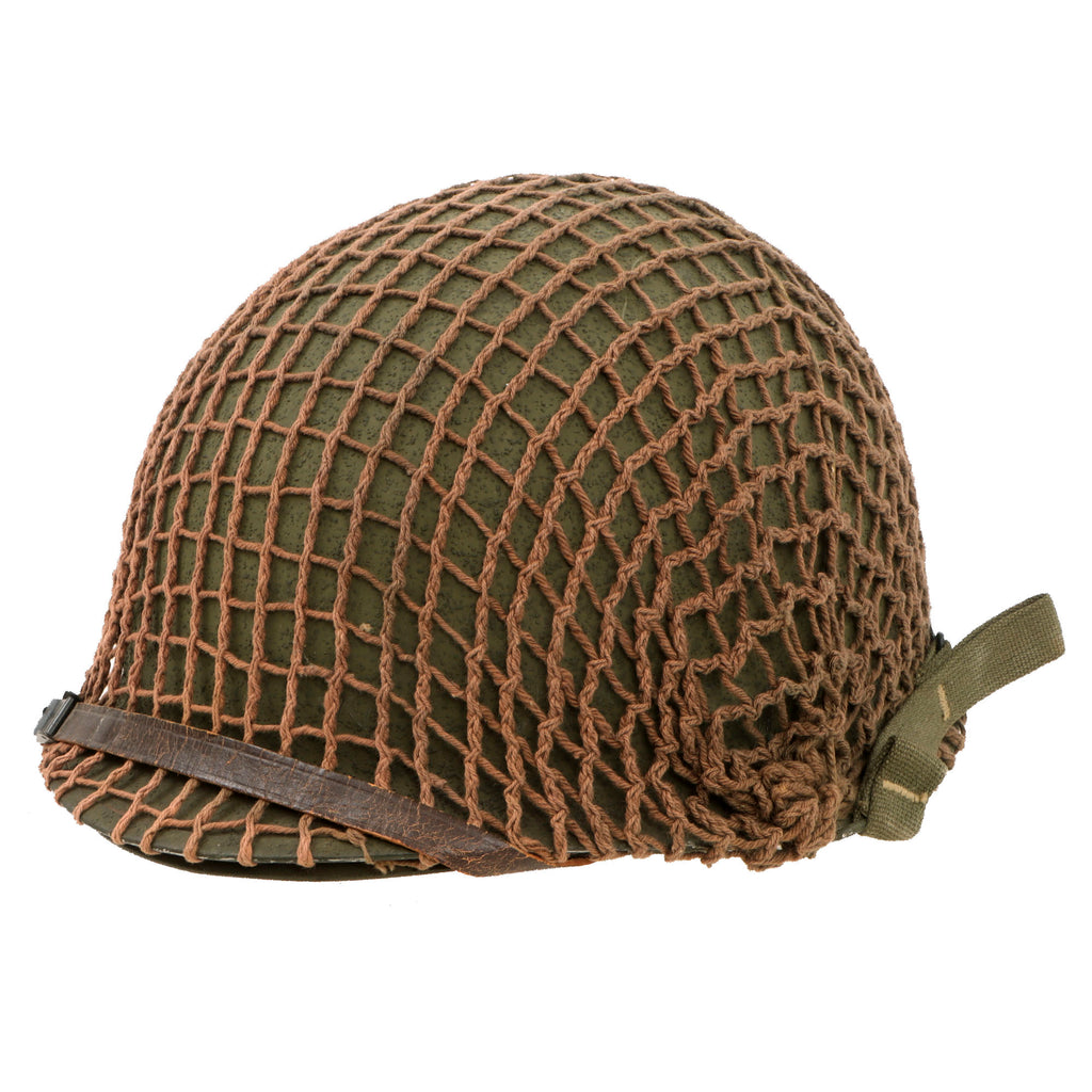 Original U.S. WWII M1 Schlueter Front Seam Swivel Bale Helmet with Helmet Net and Firestone Liner Original Items