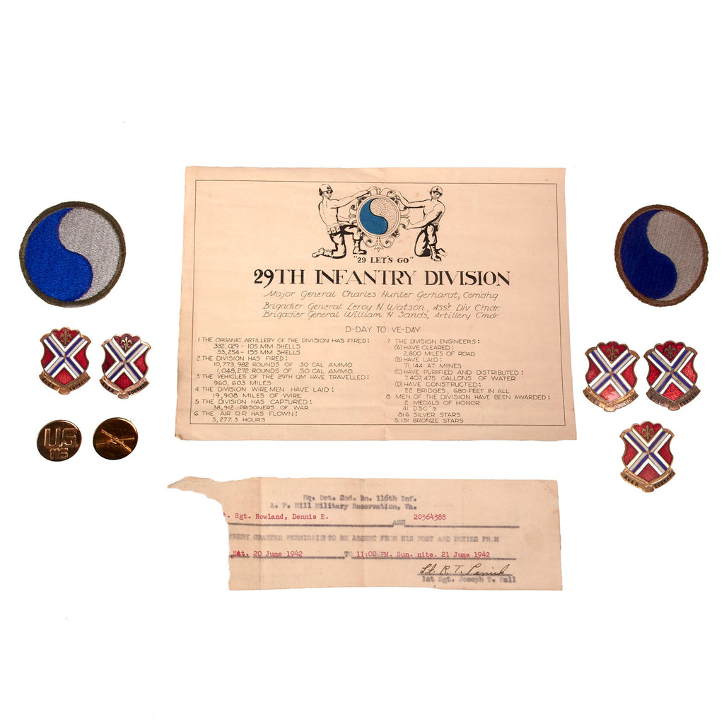 Original U.S. WWII 29th Infantry Division Paper & Ephemera Group of Sergeant Dennis E. Rowland, 116th Infantry Regiment Original Items
