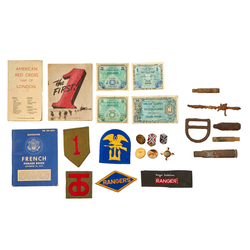 Original U.S. WWII Lot of D-Day Related Items Including Relics, Patches, Collar Discs, & Ephemera Original Items