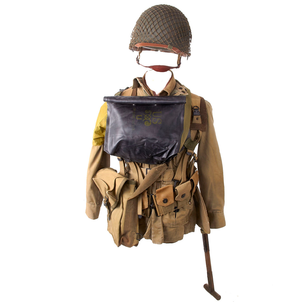 Original U.S. WWII M1942 Paratrooper Jump Jacket without Reinforcements with Gas Detection Brassard & Field Gear Group with Reproduction D-Bale Helmet & Others Original Items