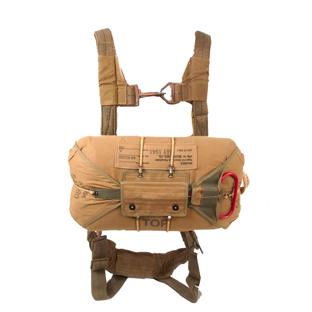Original U.S. WWII Army Airborne 1944-Dated Rigging by Hayes Mfg. Co. with High Quality Reproduction T-5 Reserve Parachute Original Items