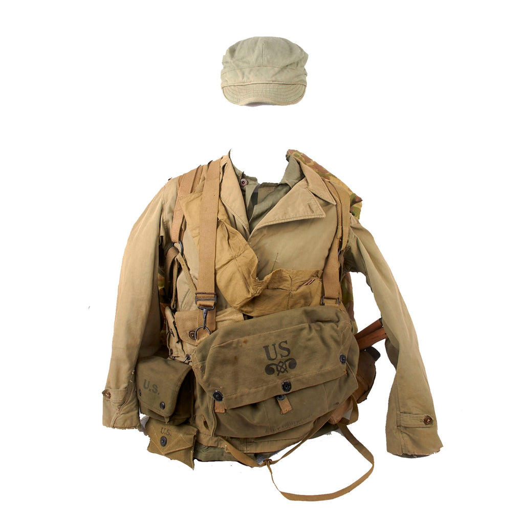 Original U.S. WWII Marine Corps Pacific Theater HBT Combat Uniform Torso Mannequin Group with Field Gear - USMC Original Items