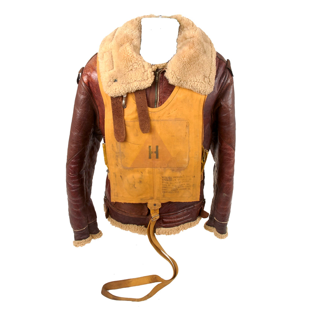 Original U.S. WWII Army Air Forces B-3 Sheepskin Shearling Bomber Jacket with 1943-Dated Mae West Life Jacket Original Items