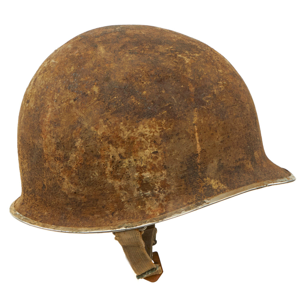 Original U.S. WWII Relic M1 Fixed Bale Front Seam Helmet Shell with Khaki & Brass Chinstrap Purportedly Recovered Near Bastogne Original Items