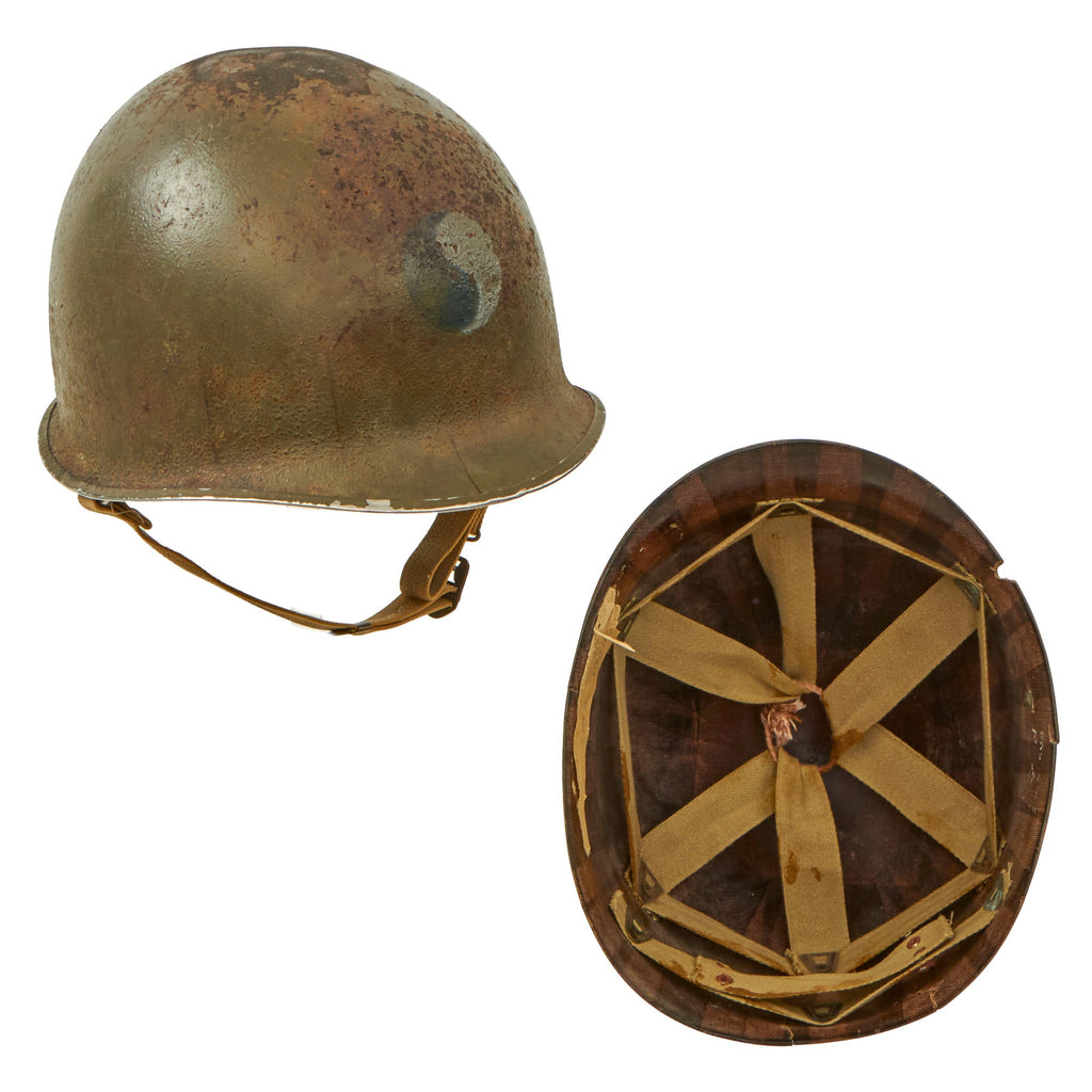 Original U.S. WWII 1943 M1 McCord Fixed Bale Front Seam Helmet with Replicated 29th Infantry Division Markings - Inland/Firestone Tire & Rubber Co Liner Original Items