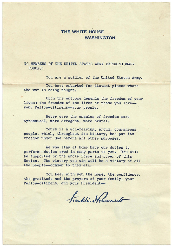 Original U.S. WWII Letter from President Franklin D. Roosevelt to Members of the United States Army Expeditionary Forces Original Items