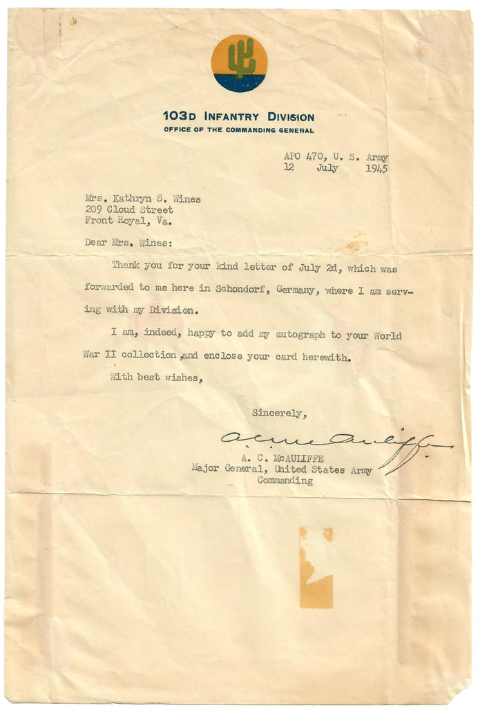 Original U.S. WWII Major General Anthony C. McAuliffe Signed Letter on 103rd Infantry Division Letterhead - Dated July 12th, 1945 Original Items