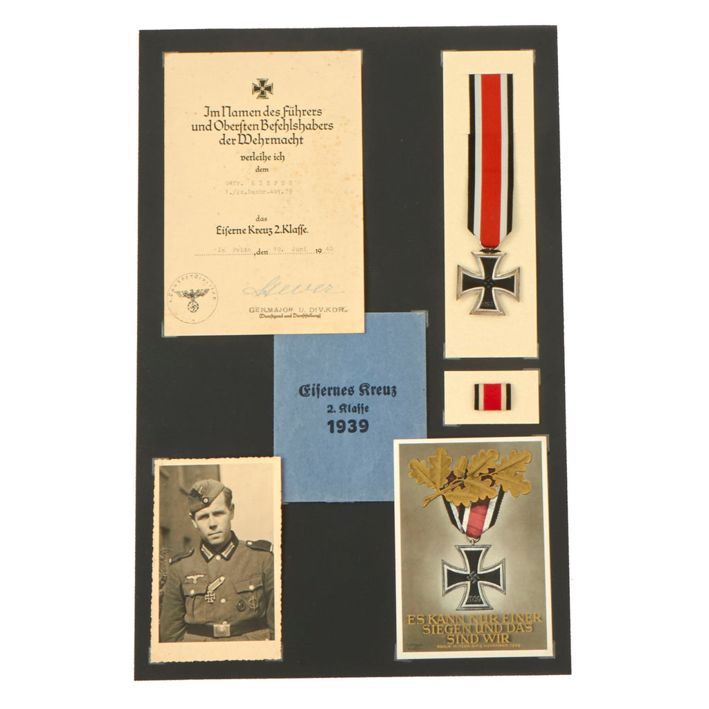 Original German WWII Named Iron Cross 2nd Class 1939 Grouping with Photo, Award Document, Postcard & More on Display Board Original Items