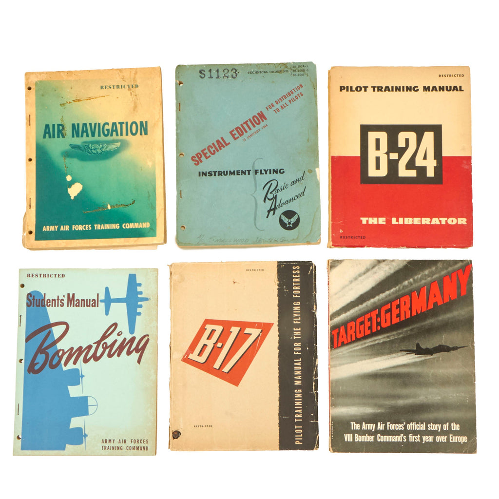 Original U.S. Army Air Forces B-17 & B-24 Manual Lot with Bombing, Instrument Flying & Air Navigation Manuals and “Target: Germany” - 6 Books Total Original Items