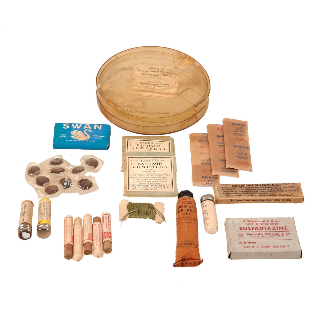 Original U.S. WWII Army Air Forces B-4 Frying Pan Insert Parachute Survival First Aid Kit with Contents Original Items