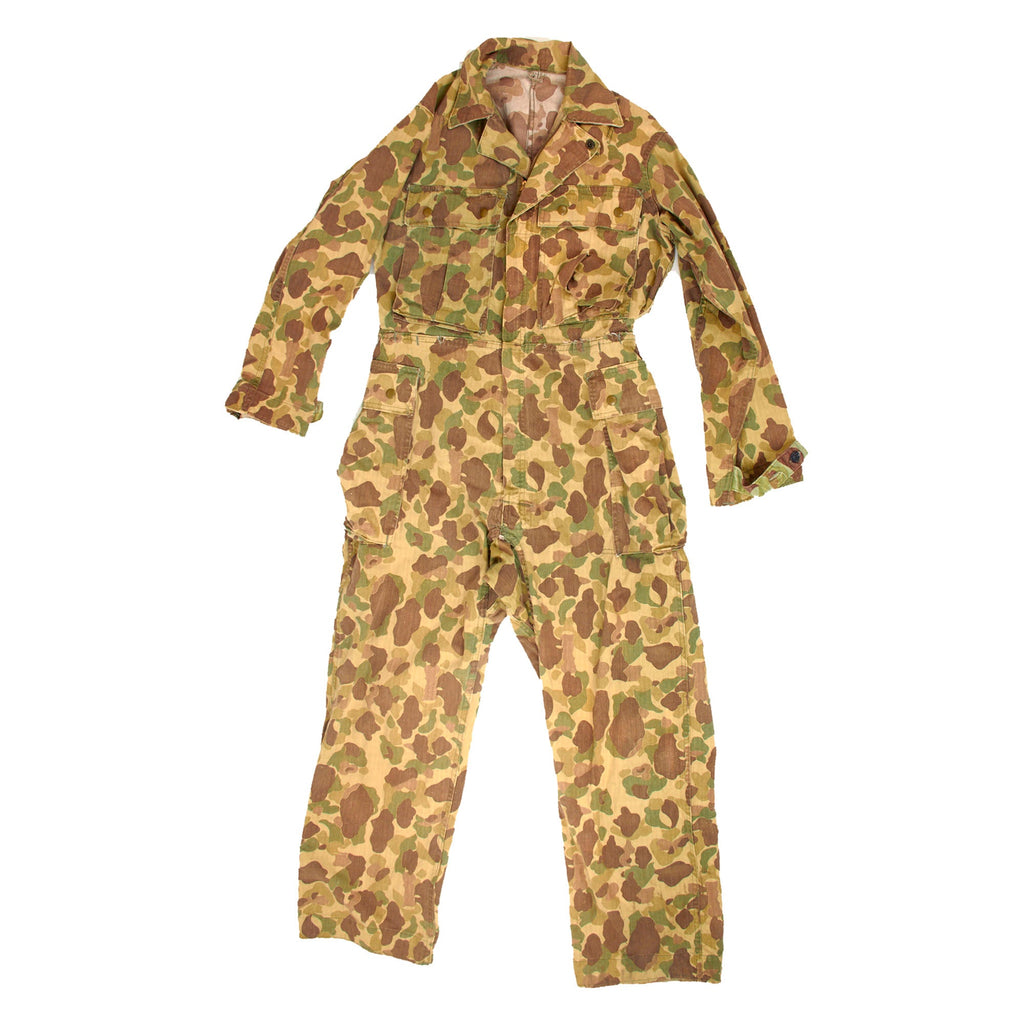 Original U.S. WWII Army M1942 Camouflage Jungle Suit Herring Bone Twill Coveralls with Internal Suspenders Original Items