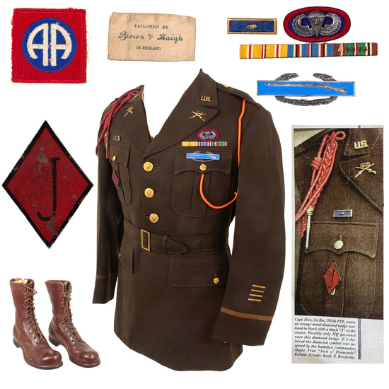 Original U.S. WWII 505th PIR 82nd Airborne British-Made Uniform of Captain David R. Pierce with Scarce Diamond J Badge & Paratrooper Boots - S-4 of 1st Battalion 505th HQ - Jacket Featured in “Heroes in Our Midst” by John R. Angola Original Items