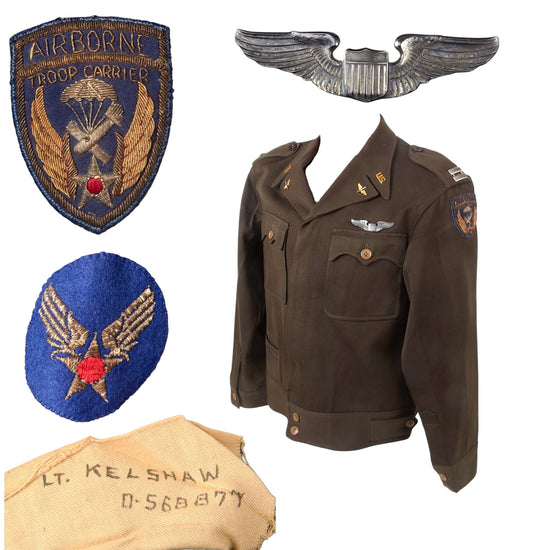 Original U.S. WWII Named Airborne Troop Carrier Captain’s Ike Jacket with Gorgeous Bullion Patch & Sterling Pilot Wings - Lt. Kelshaw Original Items